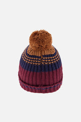 Winter Knit Hat With Pompom Burgundy And Brown-2