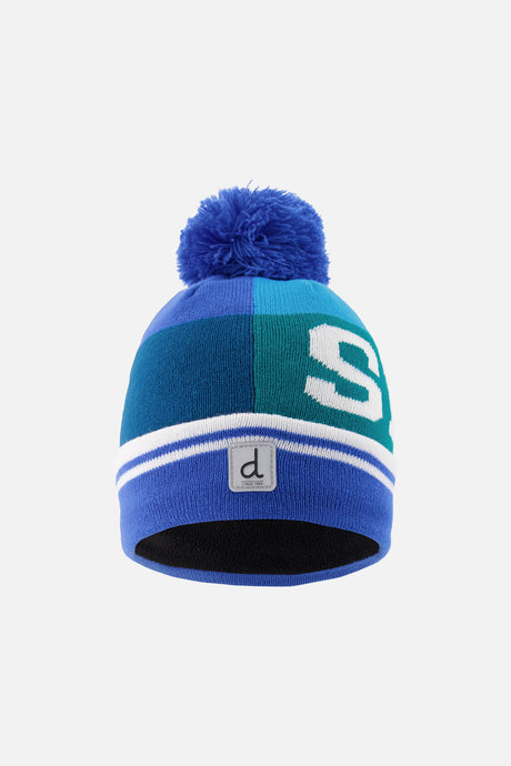 Deux par Deux boys' SKI band pompom beanie in dark blue and turquoise, front view