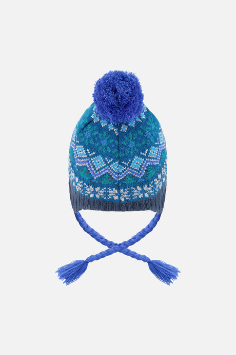 Deux par Deux kids' Peruvian Fair Isle knit hat in dark turquoise – back view