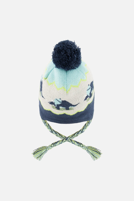 Deux par Deux kids' Peruvian dino ski jacquard hat in dark turquoise – back view