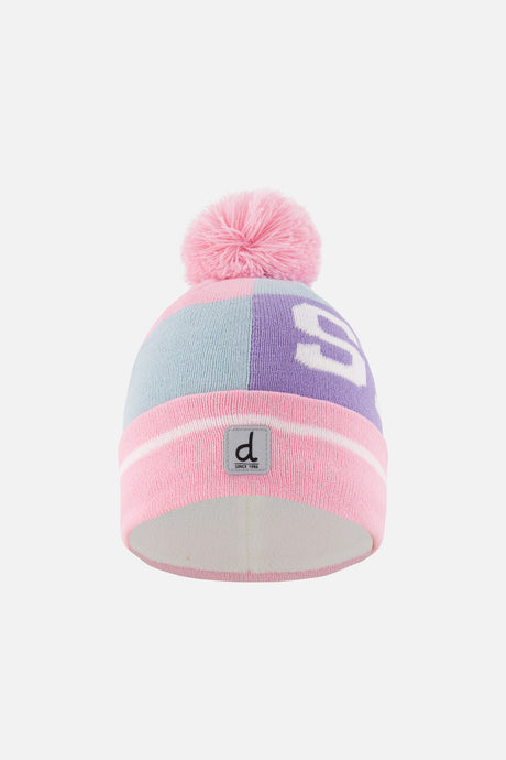 Deux par Deux girls' SKI band knit beanie in light blue, lilac and pink with a pink pompom, front view
