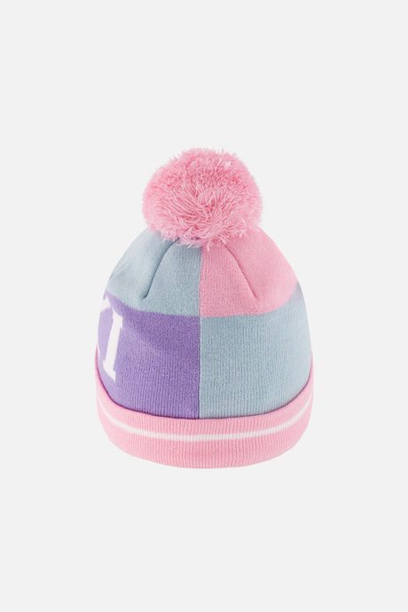 Light blue and pink SKI band knit hat with a pink pompom, back view
