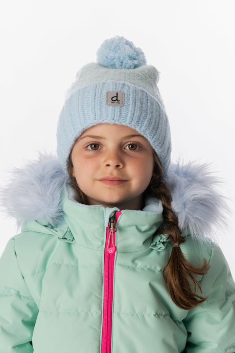Deux par Deux kids' knit pompom hat in blue green – worn by a child