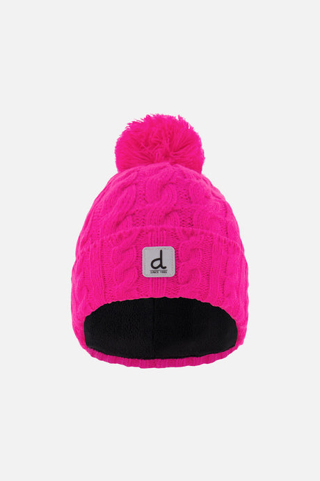 Deux par Deux kids' cable-knit pompom hat in bright pink – front view