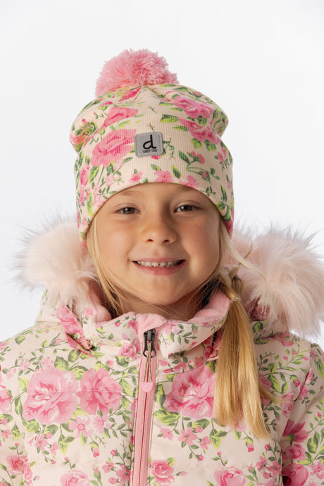 Deux par Deux kids' knit pompom hat, beige vintage rose print – worn by a child