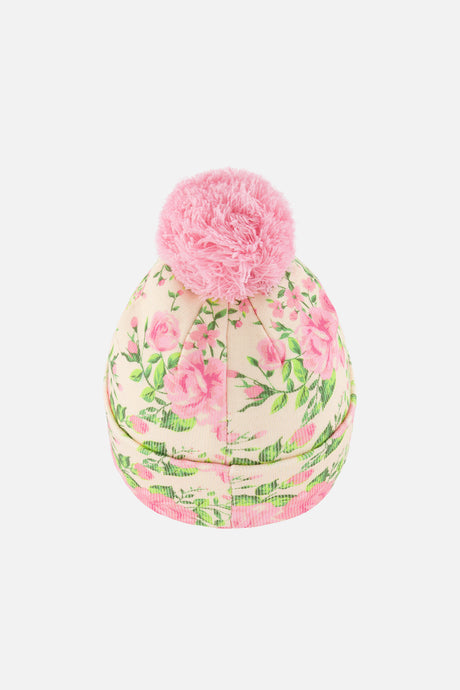 Deux par Deux kids' knit pompom hat, beige vintage rose print – back view