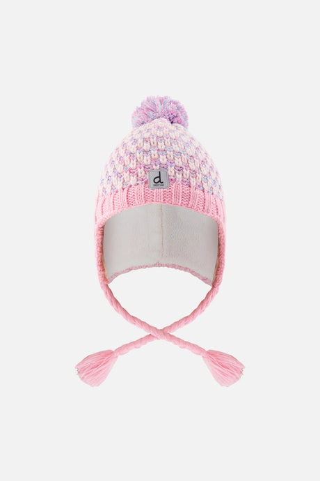 Deux par Deux girls' Peruvian earflap toque in dusty pink and light blue, front view