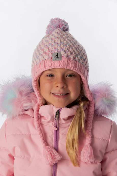 Child wearing the Deux par Deux dusty pink and light blue Peruvian winter hat