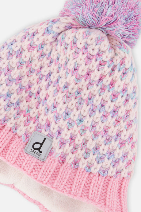 Close-up detail of the speckled dusty pink and cream knit on the Deux par Deux Peruvian hat