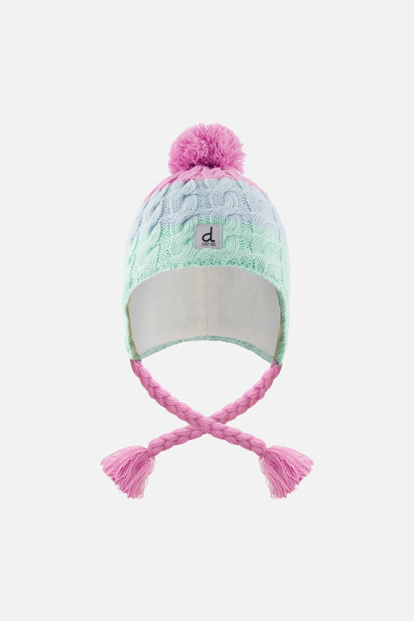 Girls Deux par Deux Peruvian pompom toque in mint, light blue and violet cable knit with braided ties, flat lay front view