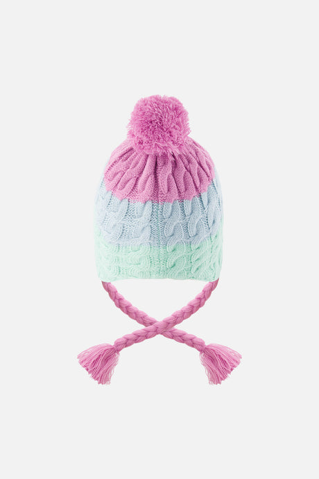 Mint green, light blue and pinkish violet Deux par Deux Peruvian pompom hat with braided ties, flat lay back view