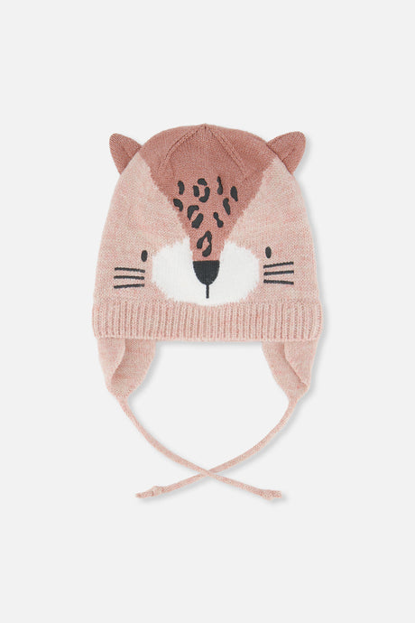 Baby Leopard Winter Knit Hat With Ear Flaps And Ears Pale Dusty Pink-0