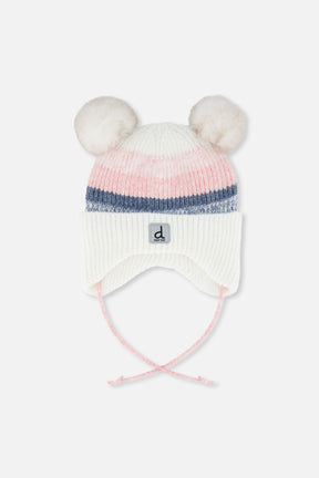 Baby Winter Knit Hat With Ear Flaps And Pompoms Off-White, Pink And Blue-0