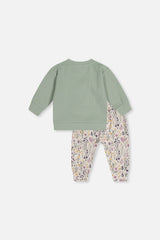 Organic Cotton Pants And Top Set Green And Beige Heart Print-2