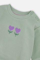 Organic Cotton Pants And Top Set Green And Beige Heart Print-3