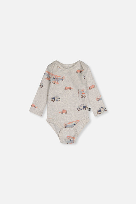 Beige long sleeve baby bodysuit with an allover airplane and car print, second angle