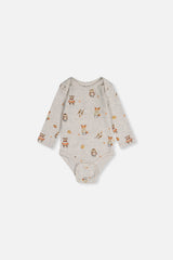 Beige long sleeve baby bodysuit with an allover forest animal print, second angle