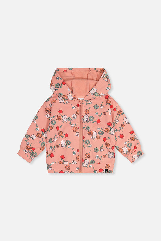 French Terry Hooded Cardigan Pink Cat Print-0