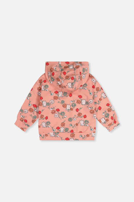 French Terry Hooded Cardigan Pink Cat Print-3