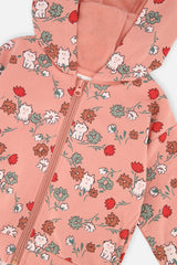 Close-up of the zipper and the white cats and flowers on the coral pink Deux par Deux hooded cardigan