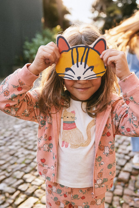 French Terry Hooded Cardigan Pink Cat Print-1