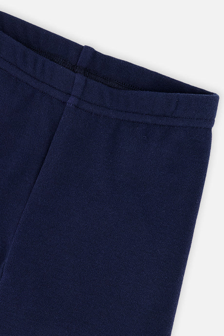 Close-up of the waistband and seam on the Deux par Deux navy blue leggings