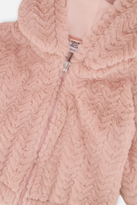 Close-up of the chevron faux fur and the zipper on the dusty pink Deux par Deux cardigan