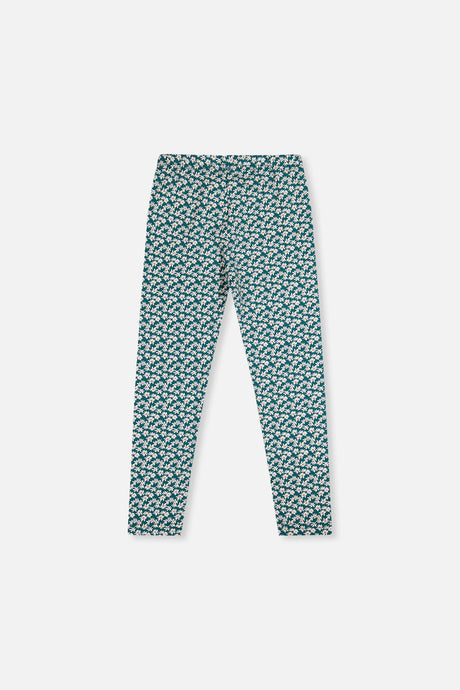 Deux par Deux girls teal daisy print leggings, back view laid flat