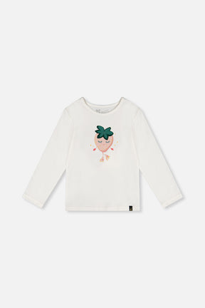 Deux par Deux girls' off-white long sleeve organic cotton T-shirt with strawberry graphic, front view