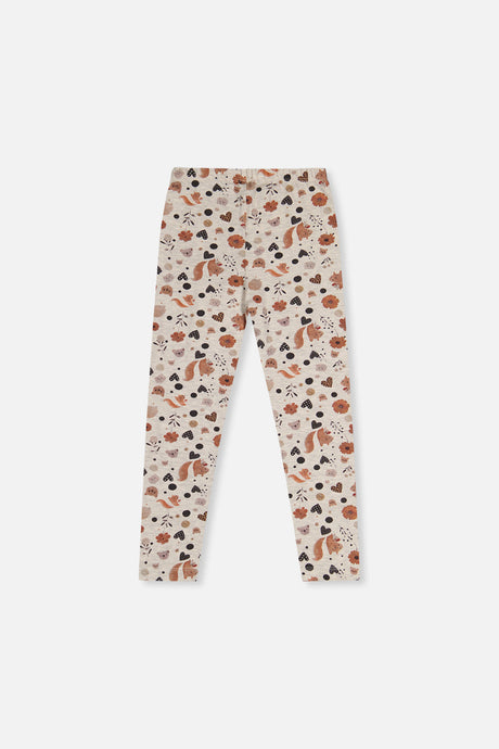 Deux par Deux girls oatmeal beige squirrel print leggings, back view laid flat