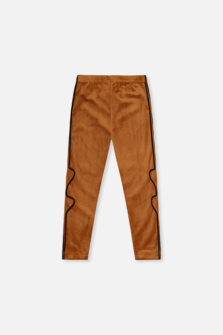 Deux par Deux girls caramel brown velvet leggings with black piping, back view laid flat