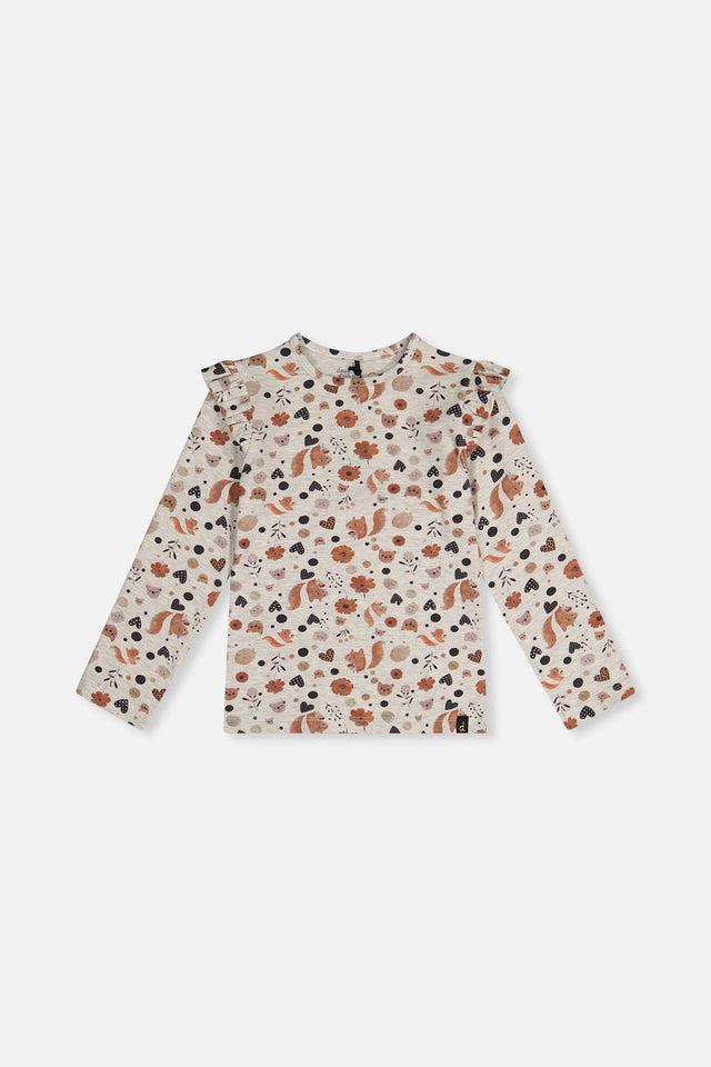Long Sleeve Organic Cotton T-Shirt Beige With Squirrel Print-0