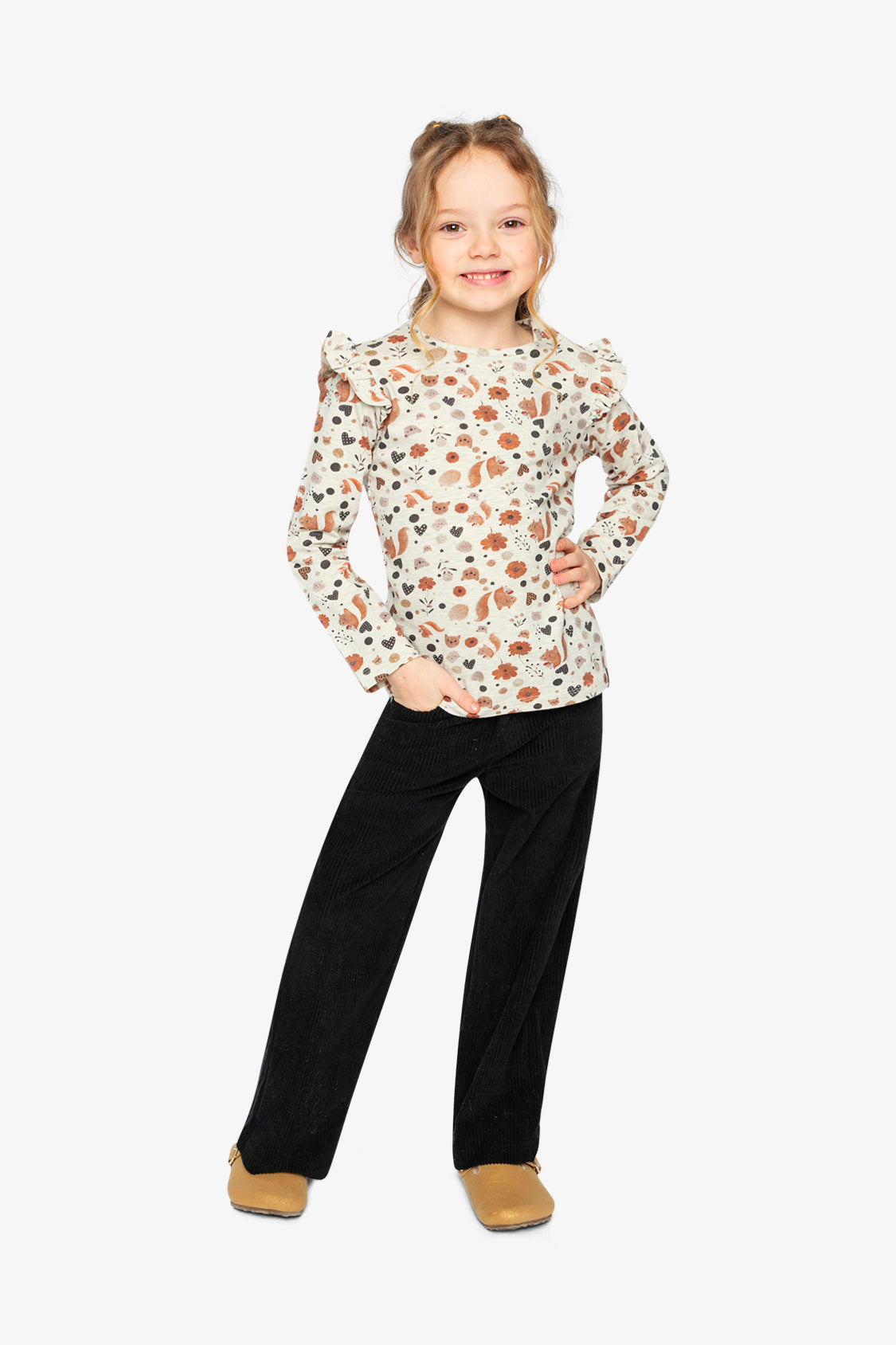 Long Sleeve Organic Cotton T-Shirt Beige With Squirrel Print-4