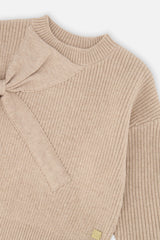Close-up of the bow and ribbed knit on the beige Deux par Deux sweater