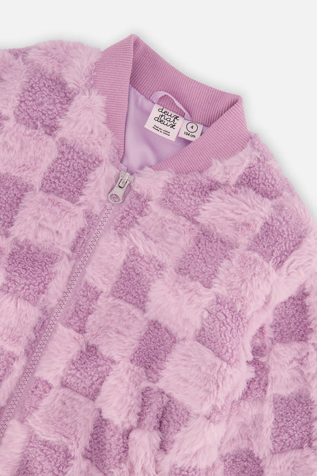 Close-up of the checkerboard faux fur and the zipper and ribbed collar on the lilac Deux par Deux jacket