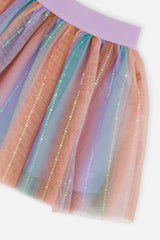 Close-up of the rainbow sparkle stripes on the mesh and the wide lavender elastic waistband