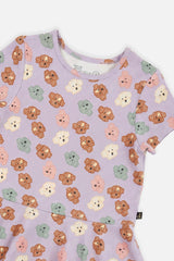 Deux par Deux Short Sleeve Jersey Dress Purple Poodle Print