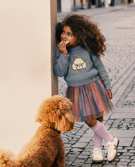 Child in a gray poodle sweater and the multicolor mesh skirt beside a poodle on a cobblestone street