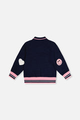 Deux par Deux girls' French terry bomber jacket in navy blue denim, back view