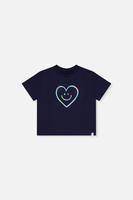 Deux par Deux girls' dark blue jersey T-shirt with holographic heart – front view