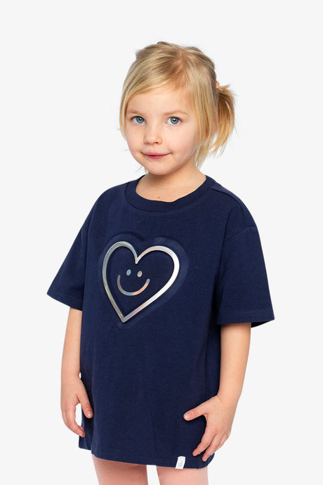 Deux par Deux girls' dark blue jersey T-shirt with holographic heart – worn by a child model