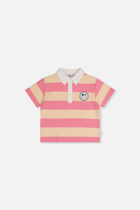 Deux par Deux girls' polo shirt in pink and beige stripes with a white collar, front view