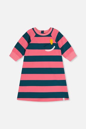 Deux par Deux pink and green engineer stripe dress with winking-face embroidery, front view
