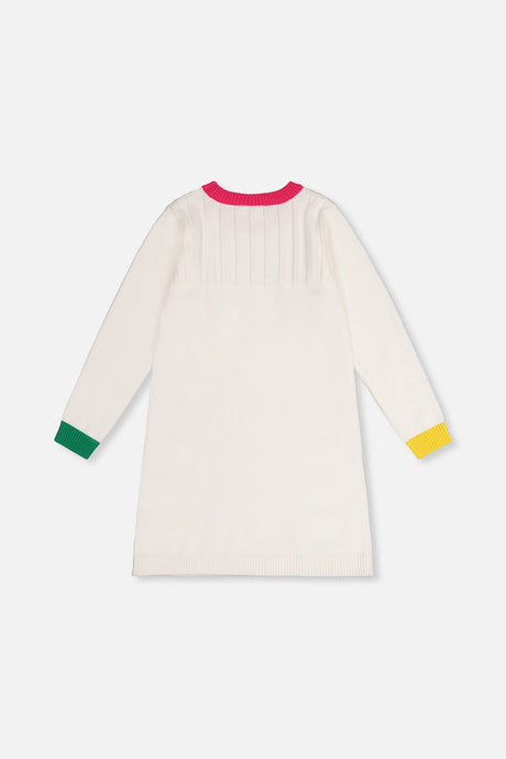 Back view of the off-white knitted dress with green and yellow cuffs
