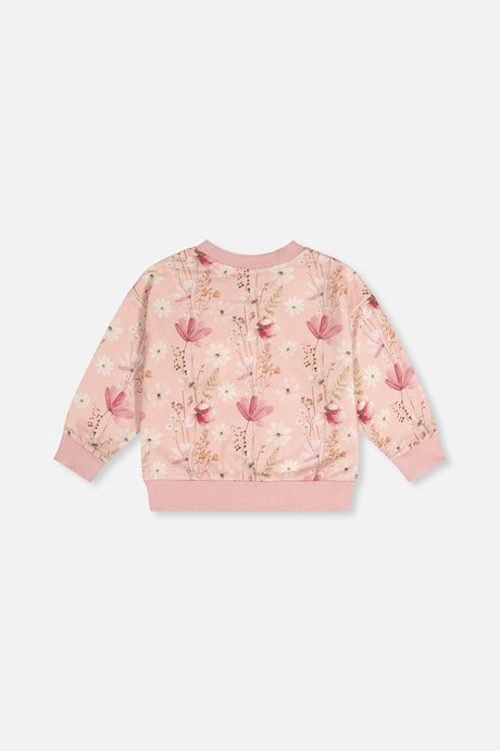 Deux par Deux blush pink wildflower print pullover, flat lay back view