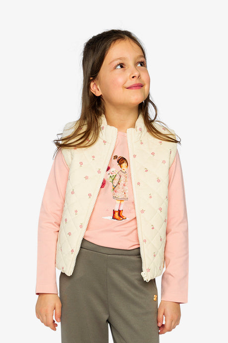 Corduroy Puffy Vest Beige Floral Print-2