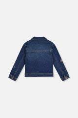 Deux par Deux blue denim jacket, back view laid flat