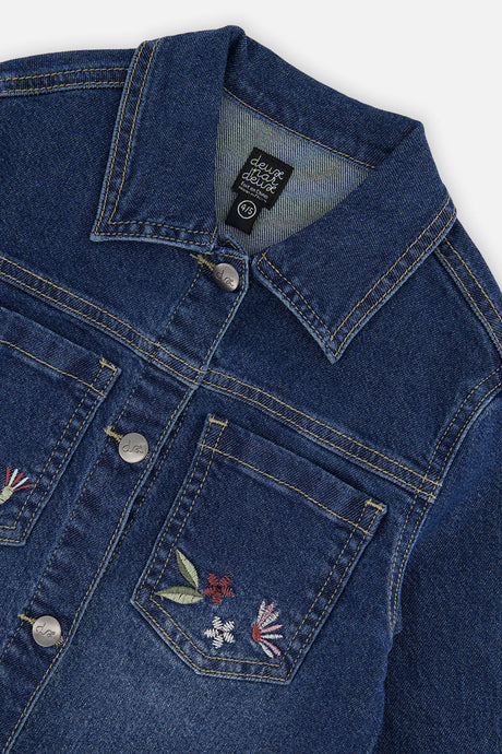Close-up of the collar, button front and embroidered chest pocket on the blue denim jacket