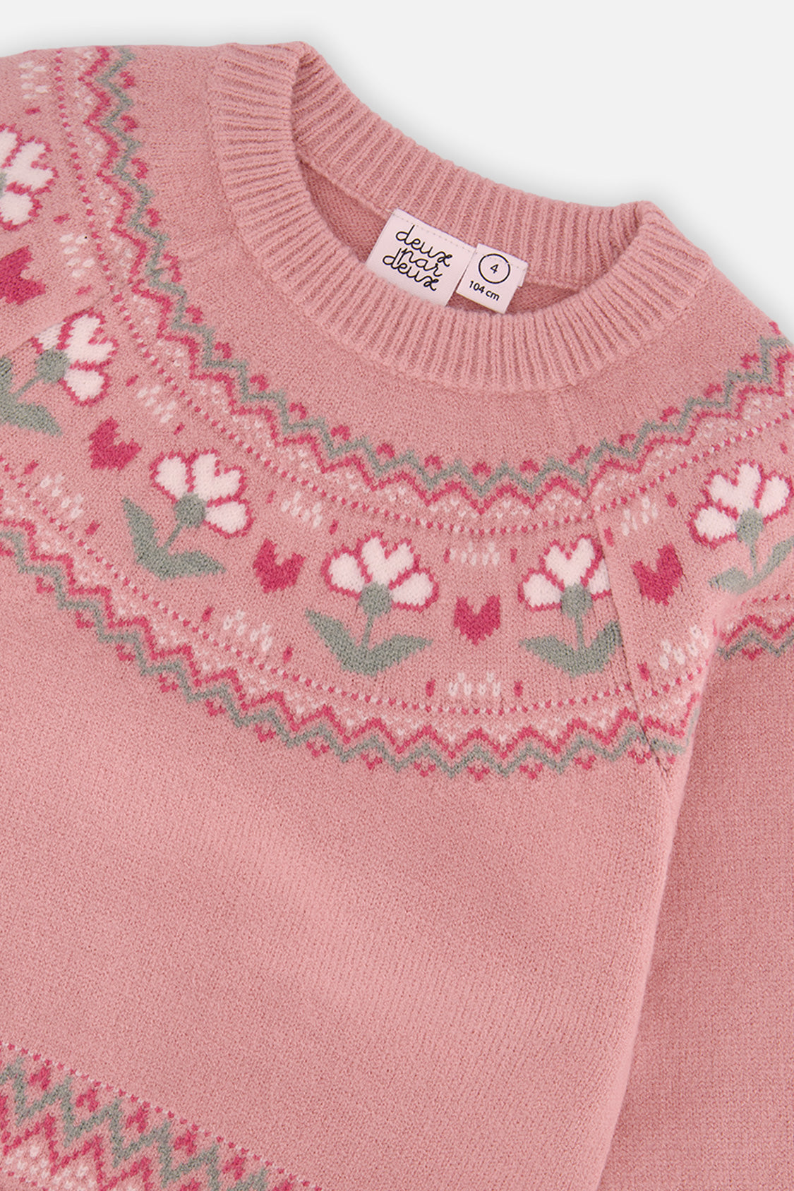 Close-up of the flower and heart jacquard yoke on the Deux par Deux dusty pink sweater