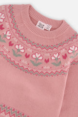 Close-up of the flower and heart jacquard yoke on the Deux par Deux dusty pink sweater